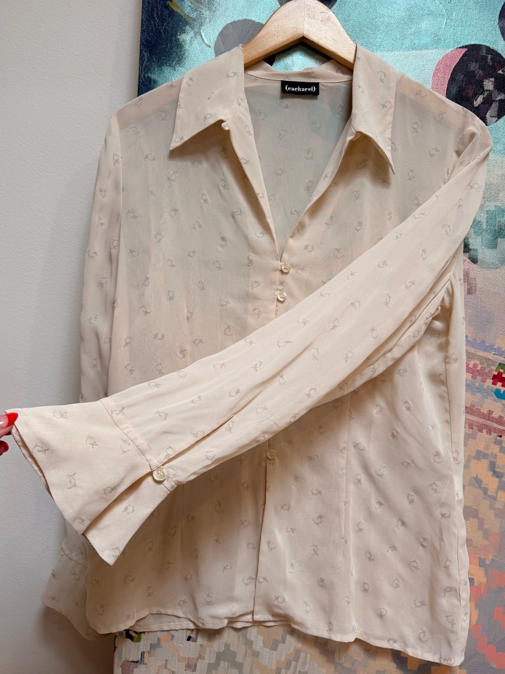 CACHAREL Y2K era Sheer Beige Metallic Print Viscose Blouse Top Sz Small - Picture 8 of 8